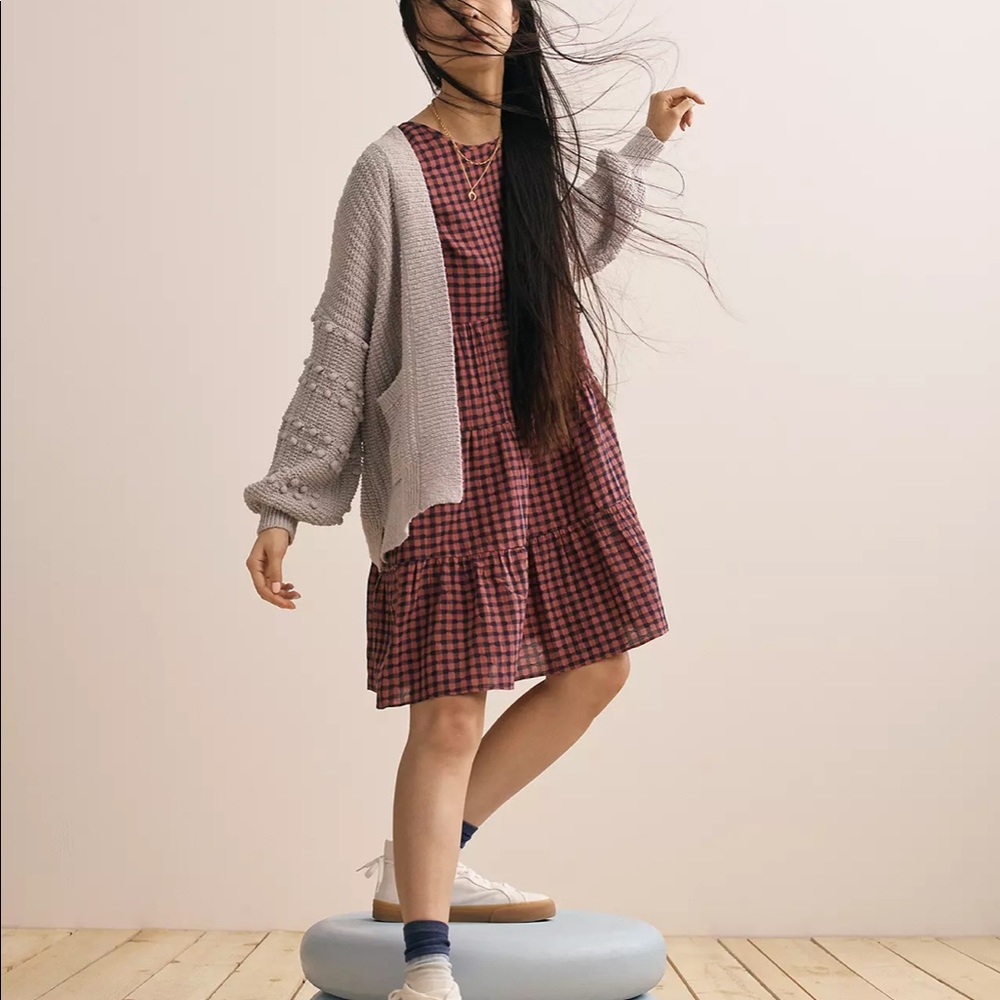 Short-Sleeve Tiered Mini Dress in Gingham Check